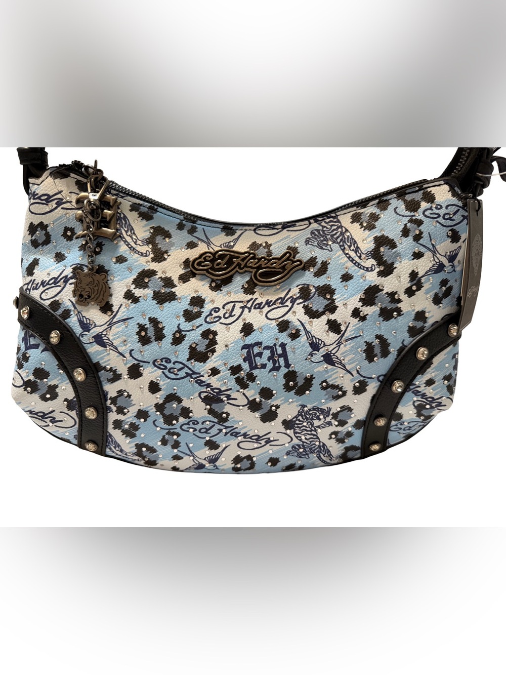 Ed Hardy Blue Black and White Leopard Shoulder Bag